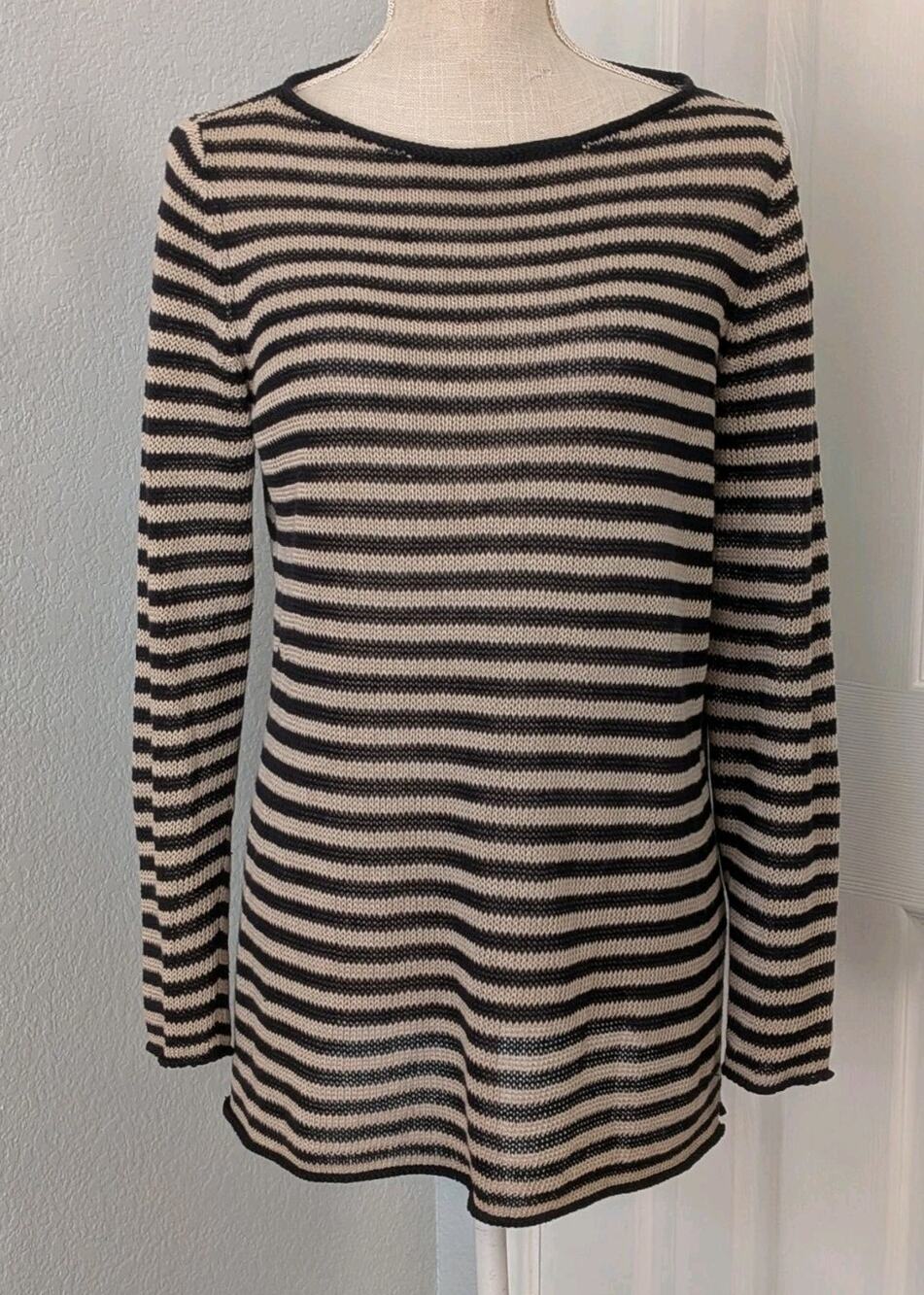 Eileen Fisher 100% Linen Sweater Oversize Small Black Ivory Stripe Tunic Length